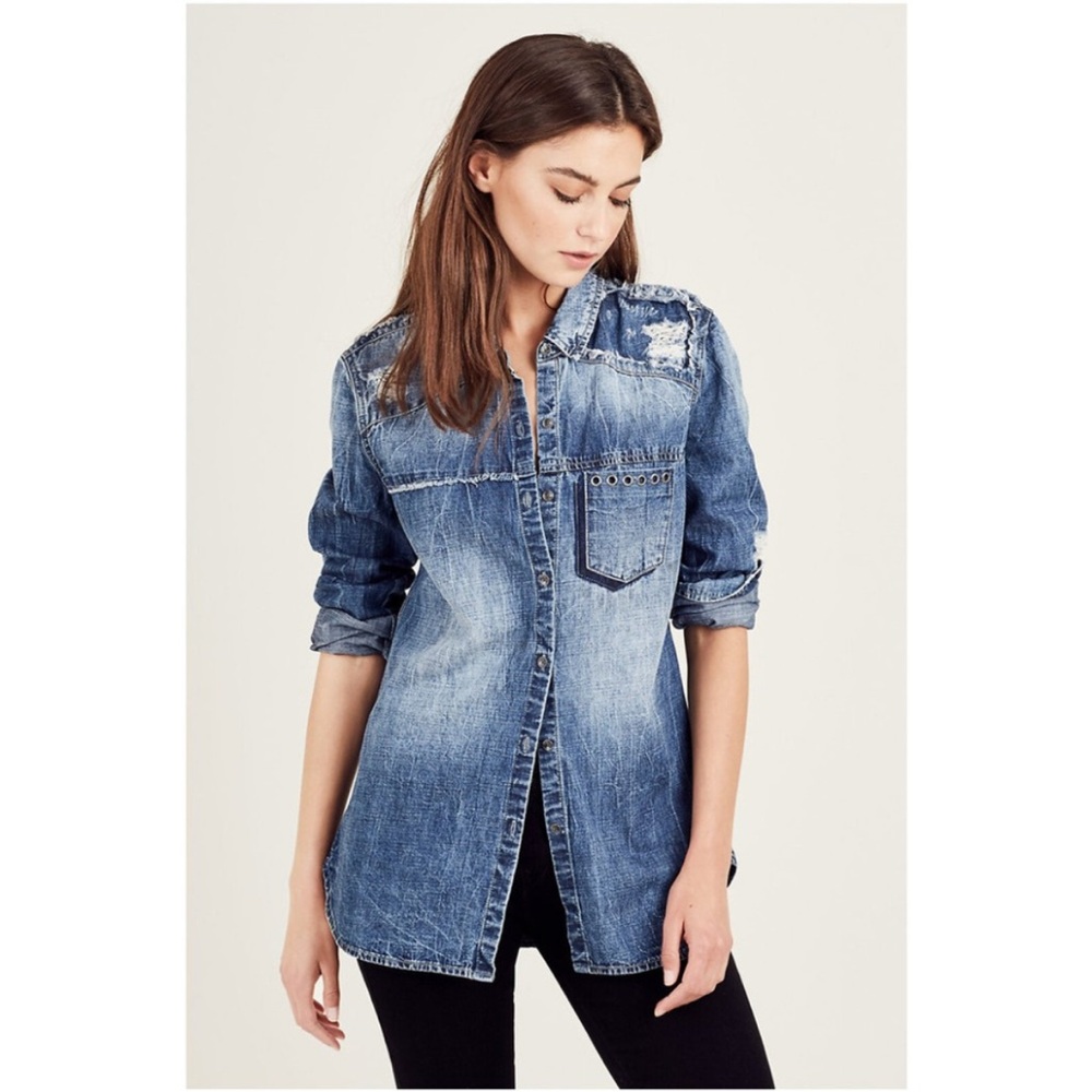 True Religion‎ Distressed Relaxed Georgia Denim Button Shirt in Indigo EUC